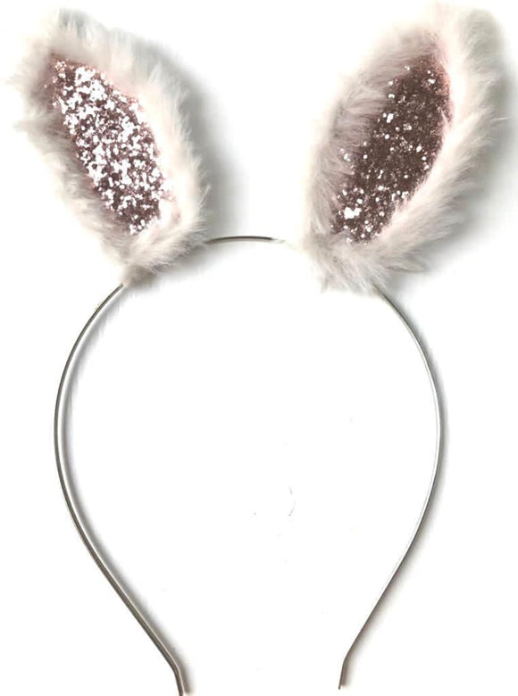 Fluffy Bunny Ears Headband with Pink Glitter